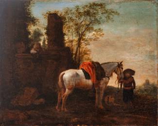 Lot 1002
Philips Wouwerman (Dutch, 1619-1668) Oil on Beveled Wood Panel, 17th C., 'Rendezvous', H 12" W 14" Frame Size: H 19.75" W 22.5"