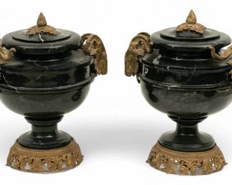 Lot 77
French Empire Style Marble And D'Ore Bronze Garnitures 20th C., H 14" Dia. 12" 1 PAIR