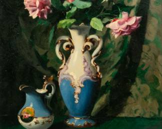 Lot 4002
Romek Arpad, (Hungary, 1883-1960) Oil on Canvas Still Life of Roses 1950, H 30" W 24" Frame Size: H 40" W 34"