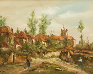 Lot 4005
Etienne Bellan (French, 1922-2000) Oil on Canvas 1940, 'Village with Thatched Cottages', H 18" W 24" Frame Size: H 23" W 30"