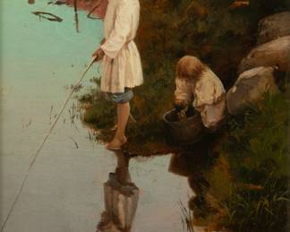 Lot 1012
Mihail Vasilievich Nestorov (Russian, 1862-1942) Oil on Board, Ca. Early 20th C., Two Figures on a Riverbank H 10" W 8" Frame Size: H 15.25" W 13.25"