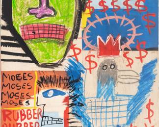Lot 1037
Jean-Michel Basquiat (American, 1960-1988) Acrylic, Oil, Oil Stick on Paper And Canvas, 1982, 'Untitled (Peso Neto)', H 32" W 24" Depth 2.5"