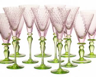 Lot 51
Portieux (France) Blown Glass Pink on Green Champagne And Water Goblets 12 PCS