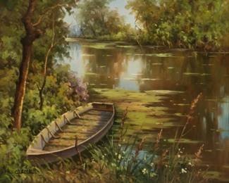 Lot 4000
Lucien Chenu (French, 1913-2004) Oil on Canvas 1970, 'Marais Poitevin with Rowboat', H 21" W 26" Frame Size: H 29" W 33"