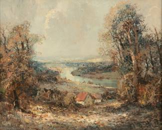 Lot 4007
Willi Bauer (Germany) Oil on Canvas 1960, '"Am Main" Landscape with River , Hillside, Red Roof House', H 20" W 24" Frame Size: H 28" W 32"
