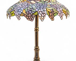Lot 10
American Art Nouveau Style Art Glass Table Lamp on Bronze Base Late 20th C., 'Wysteria', H 28" Dia. 20"