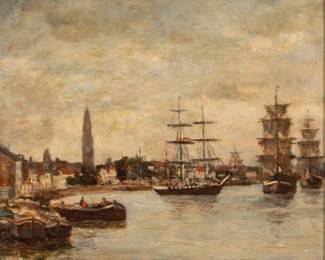 Lot 1006
Eugène Boudin (French, 1824-1898) Oil on Beveled Wood Panel 'The Scheldt, Antwerp', H 10.25" W 11.5"