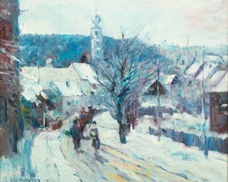 Lot 4026
Signed David, Oil on Canvas, Ca. 1980s, 'Winter Townscape', H 26" W 30" Frame Size: H 34" W 38"
