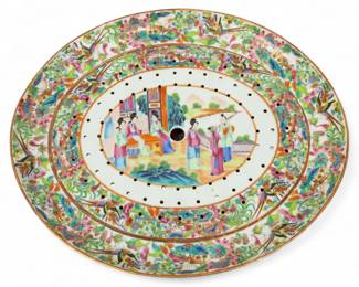 Lot 86
Cantonese Famille Rose Mandarin Porcelain Large Deep Well Platter with Inset Pierced Drainer 19th C., H 2.75" W 16" L 18.75" 2 PCS