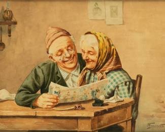 Lot 4020
Ferraretto, Watercolor on Artistboard 1940, 'Old Couple Reading Newspaper', H 9" W 12" Frame Size: H 15" W 18"