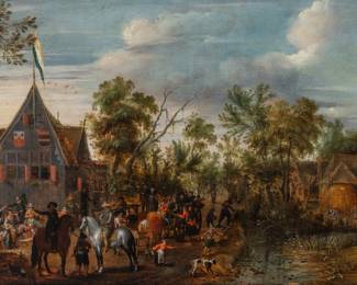 Lot 1000
Esaias Van De Velde the Elder (Dutch, 1587-1630) Oil on Panel, 1626, 'A Village Kermesse', H 18" W 30.5" Frame Size: H 26.25" W 39.25"