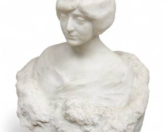 Lot 79
Henri Paul Graf , 1872-1947 Carved Carrara White Marble Signed 1912, 'Buste De Jeune Femme', H 24" W 21" Depth 15"