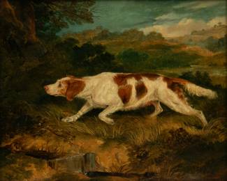 Lot 1004
Attributed to Sir Edwin Henry Landseer RA (English, 1802-1873) Oil on Canvas 1821, 'Red And White Setter on Point', H 14" W 17" Frame Size: H 19.5" W