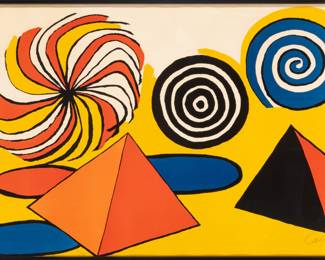 Lot 1053
Alexander Calder (American, 1898-1976) Lithograph in Colors on Wove Paper, Ca. 1970, 'Untitled (Pinwheels And Pyramids)', H 29.5" W 43.75"