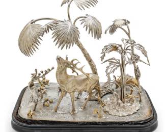 Lot 70
German Silver Plate Sculpture Plateau, Stag And Animals in Fantasy Landscape 1900, 1 PC
