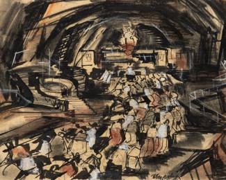 Lot 1015
Zoltan Sepeshy (American, 1898-1953) Watercolor on Paper 1956, 'Sketch for Cave of Miracles', H 7.5" W 9.75" Frame Size: H 15" W 18"