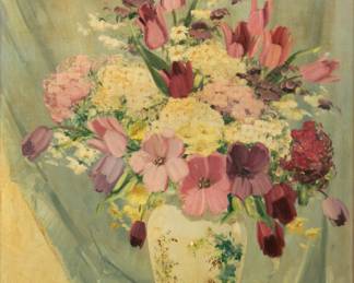 Lot 4001
Joseph Lane (Illinois, B. 1900) Oil on Canvas 'Still Life Tulips And Hydrangeas in Vase', H 30" W 25" Frame Size: H 36" W 31"