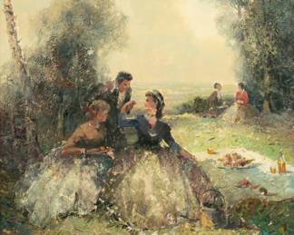 Lot 4018
Ludwig Gschossmann (German, 1894-1988) Oil on Canvas 'Garden Picnic', H 31" W 27" Frame Size: H 41" W 37"