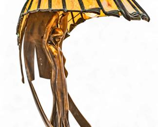Lot 7
In the Manner of Peter Behrens Jugenstil Bronze Base Figural Lamp Late 20th C., 'Flying Lady', H 30" W 18" L 26"