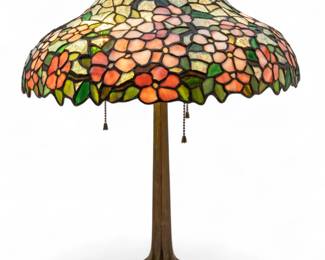 Lot 9
American 'Hollyhock' Art Glass Table Lamp on a Bronze Base, Ca. 1910, H 22" Dia. 17"