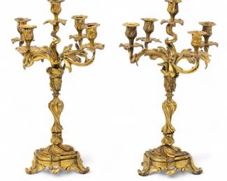 Lot 53
French Louis XVI Style D'Ore Bronze Five Light Candelabrum 1900, H 20.5" Dia. 13" 1 PAIR