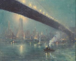 Lot 1044
Johann Berthelsen (American, 1883-1972) Oil on Canvas 'Nocturne, Manhattan from Under the Brooklyn Bridge', H 20.25" W 24.25" Frame Size: H 24.5" W 28
