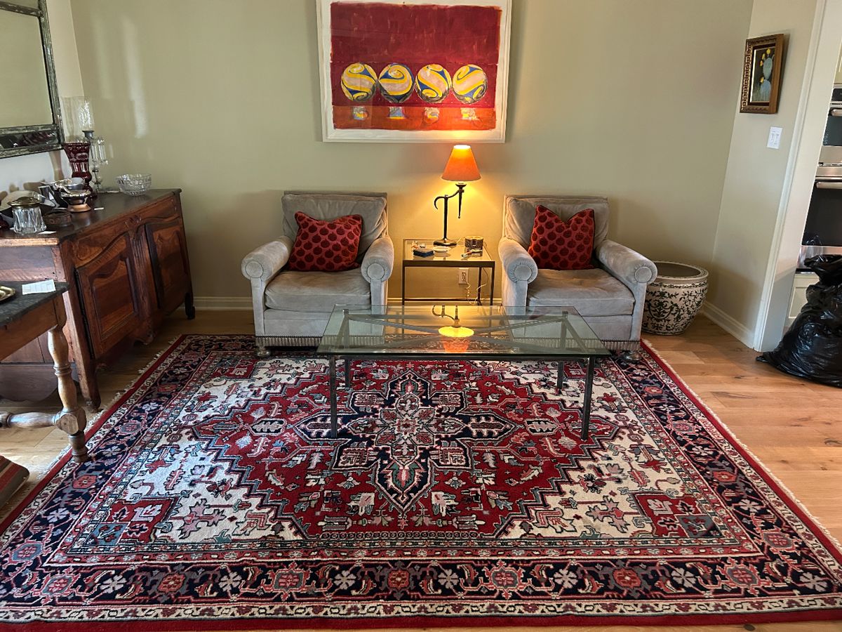 Indian Heriz 7'.7 x 9'.9 Rug, X-Base Glass Top Coffee Table, 2 Dessin Fournir Suede Lounge Chairs- purchased at Vinya Dallas