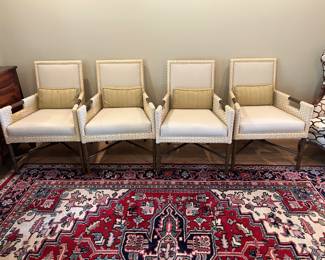 4 Baker/ McGuire Woven Leather Dining Arm Chairs/ Vintage 1970's Heriz Rug , 7.7 X 9.9