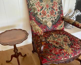 French Regency Walnut & Needlepoint armchair circa 1750 purchased at Milton Kent, Pie crust three leg table with paw feet.