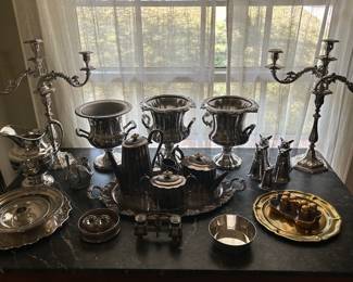Silver plate antique Sheffield candelabras, Champagne Coolers, vintage silverplate