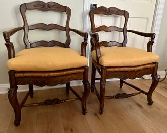 Pair of French circa 1920's oak and rush seated chairs, repair needed on two arms, 
