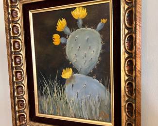 "Flowering Prickly Pear Cactus" painting on canvas in a vintage Mexico frame by self- taught family artist. 