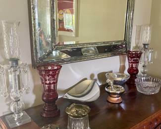 Pristine early Nambe,  Pair of Antique Luster Hurricane lamps, Pair of Antique Ruby Cut to clear vases.