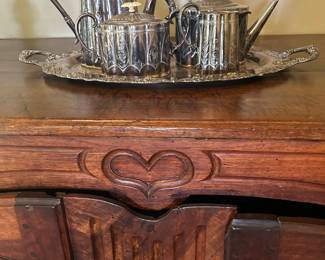 Detail: ANTIQUE SIDEBOARD WITH "HEART" MOTIF, 5 pc Silver plate tea service, tray is not part of the set, sold separately