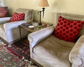 2 Dessin Fournir Suede Lounge Chairs- purchased at Vinya Dallas, Vintage Iron and glass Square Side table , Robert Abbey Steel Table Lamp