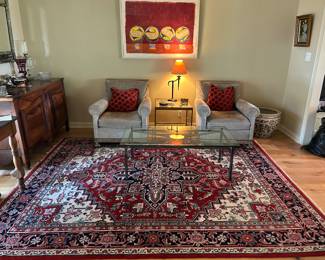 Indian Heriz 7'.7 x 9'.9 Rug, X-Base Glass Top Coffee Table, 2 Dessin Fournir Suede Lounge Chairs- purchased at Vinya Dallas