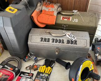 Tool boxes, snake for plumbing, DeWalt, hardened steel locks and tow chains