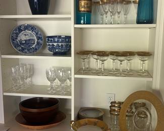 Vintage Glastonbury crystal, Bourne Denby Danesby Electric Blue vase, Flow Blue Willow, French Apothecary and vintage blue soda syphon.