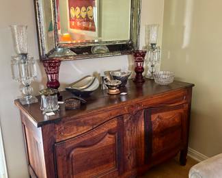 ANTIQUE SIDEBOARD WITH "HEART" MOTIF, Square nail , brass escutcheon, measurements: approximately 5 foot across, 3 ft. tall and 2 ft. deep, Antique beveled mirror with rosette, distressed 42" by 32" 