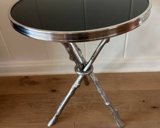"Global Views" side table, white forged metal and heavy stone top. 