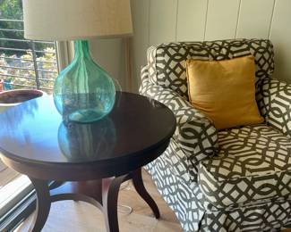 Baker Saber Leg Side Table, 30" diameter, H 27 1/4", Restoration Hardware Lamp. Custom covered armchair