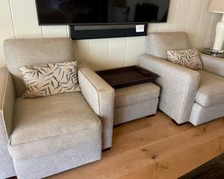 Pair of Modern Club Chairs by Hickory and single Modern Ottoman