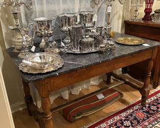Antique marble top table, Vintage silverplate champage buckets, antique Sheffield candelabras, Reed and Barton, Webster sterling coasters