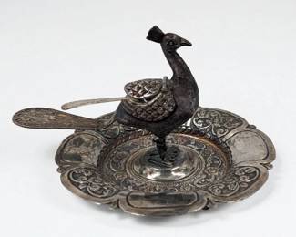 Antique Low Grade Silver Peacock Salt Dip, Unmarked