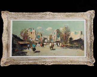 A Large Mid Century Modern Impressionist Street Scene Painting Unsigned