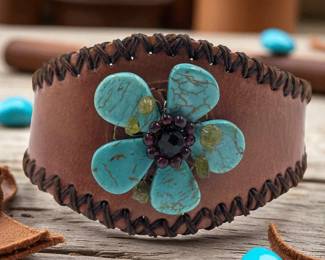 Vintage Kirks Folly Leather And Turquoise Bead Cuff Bracelet