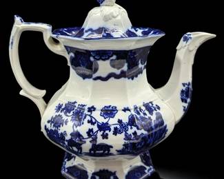 An Antique Blue And White Porcelain Lidded Teapot, Likely Ashworth Brothers, Circa 1865