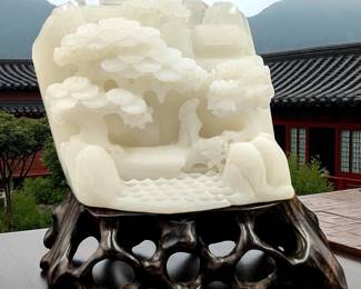 A Beautiful Finely Carved Chinese White Jade Scenic Sculpture With Wooden Base, 650 Grams