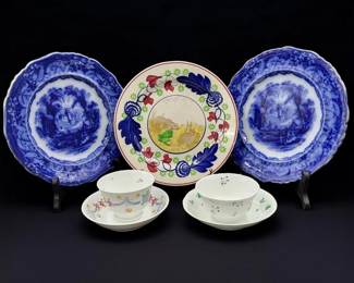 Spatter Rabbitware Ironstone Plate, Pair Of Flo Blue "VISTA" Plates, & Pair Of Early Cups W/ Saucers