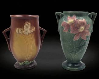 Pair Of Vintage Roseville Pottery Two Handle Vases, One Brown Primrose And A Green Clematis Vase